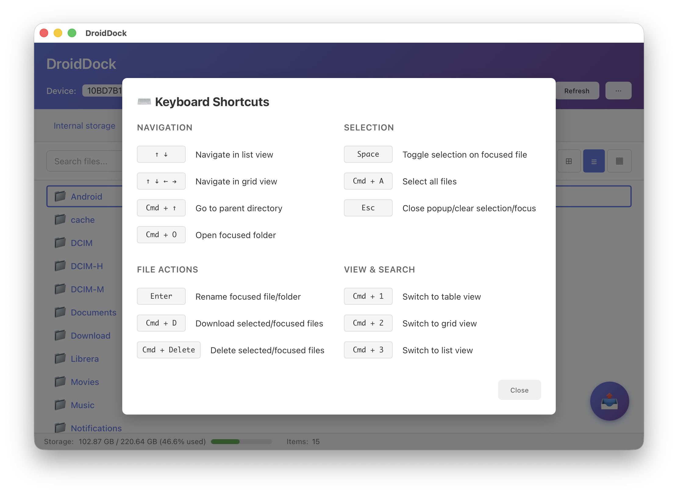 DroidDock Keyboard Shortcuts