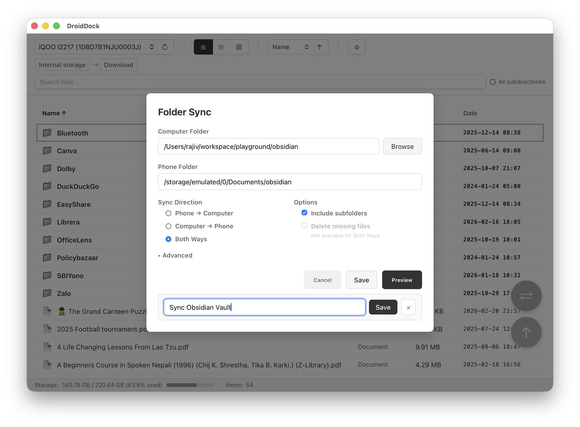 DroidDock Saved Sync Configurations
