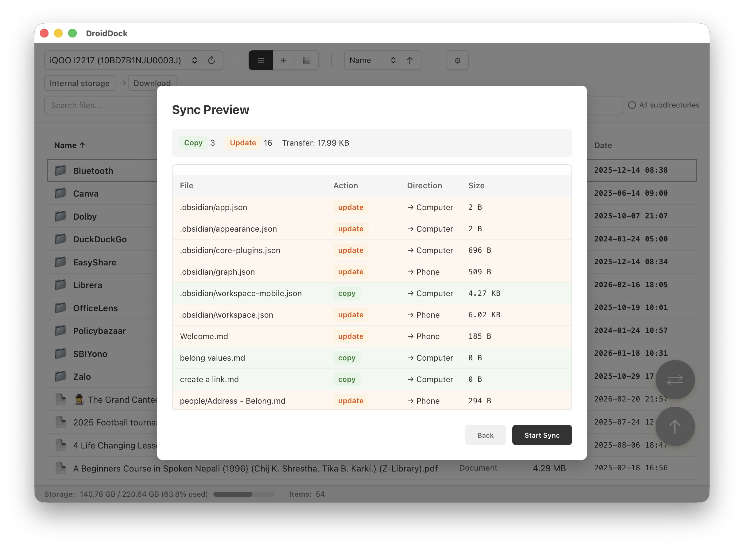 DroidDock Sync Preview Modal