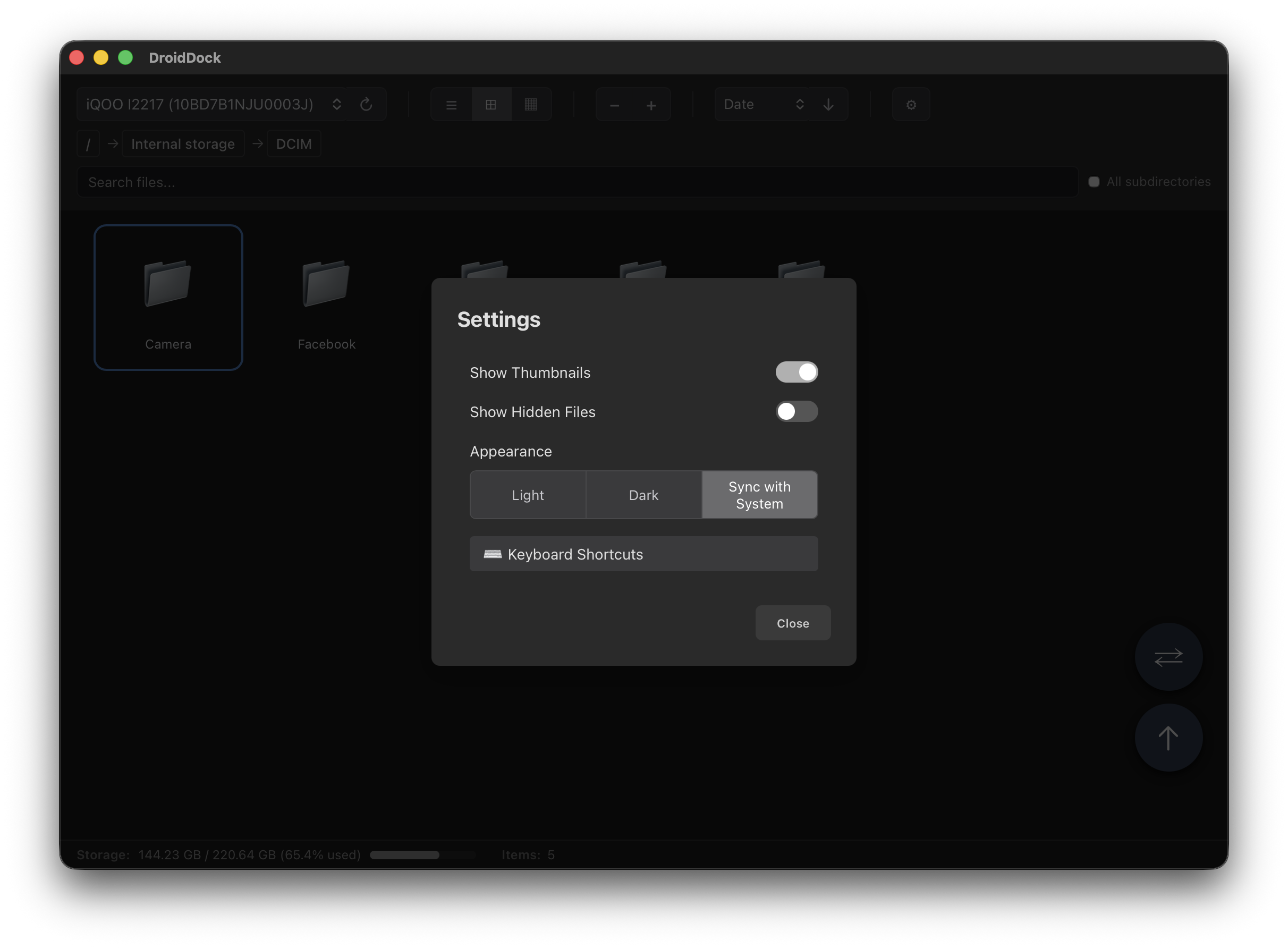 DroidDock Settings and Appearance