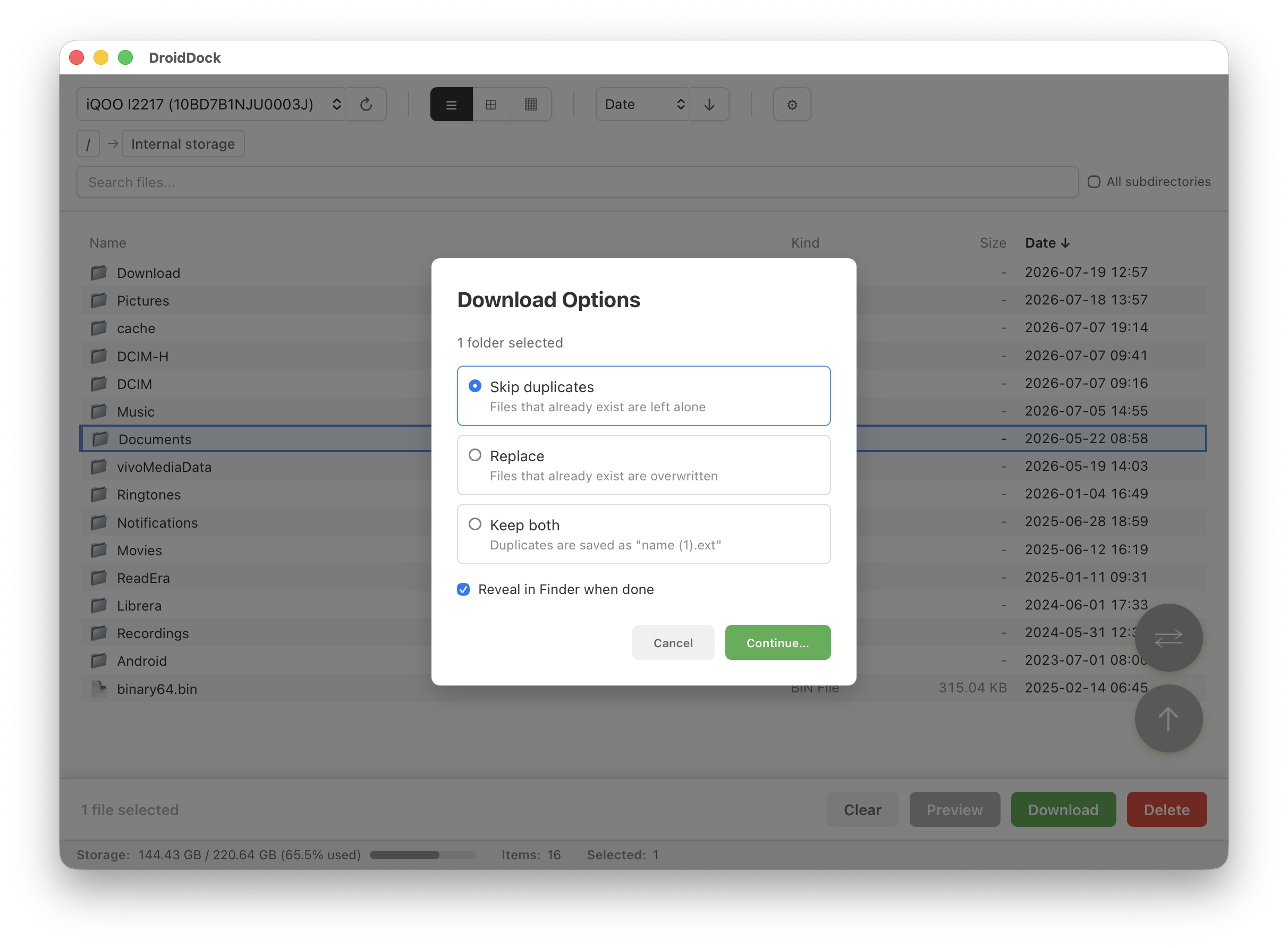 DroidDock showing download options for an Android folder