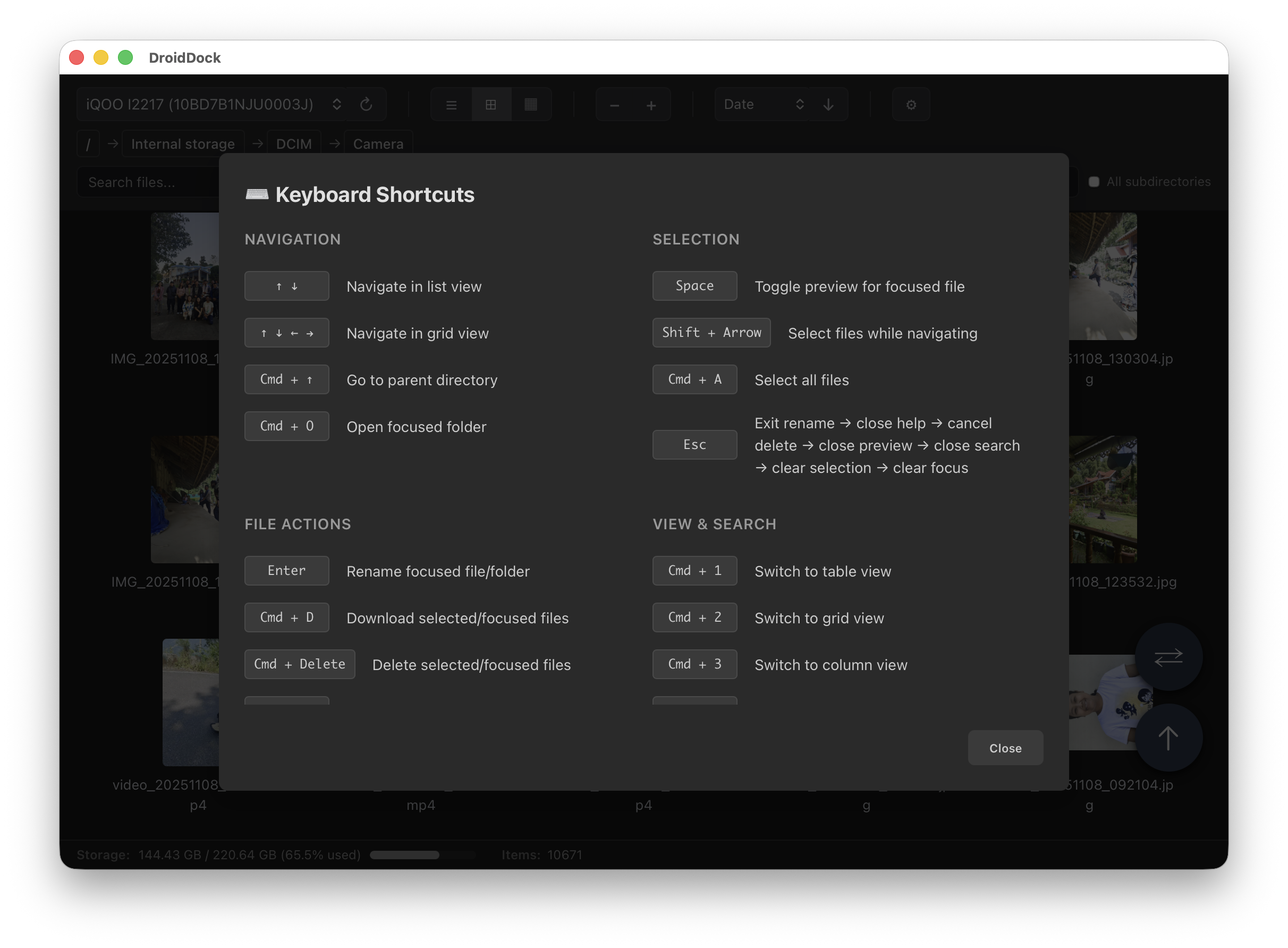 DroidDock Keyboard Shortcuts